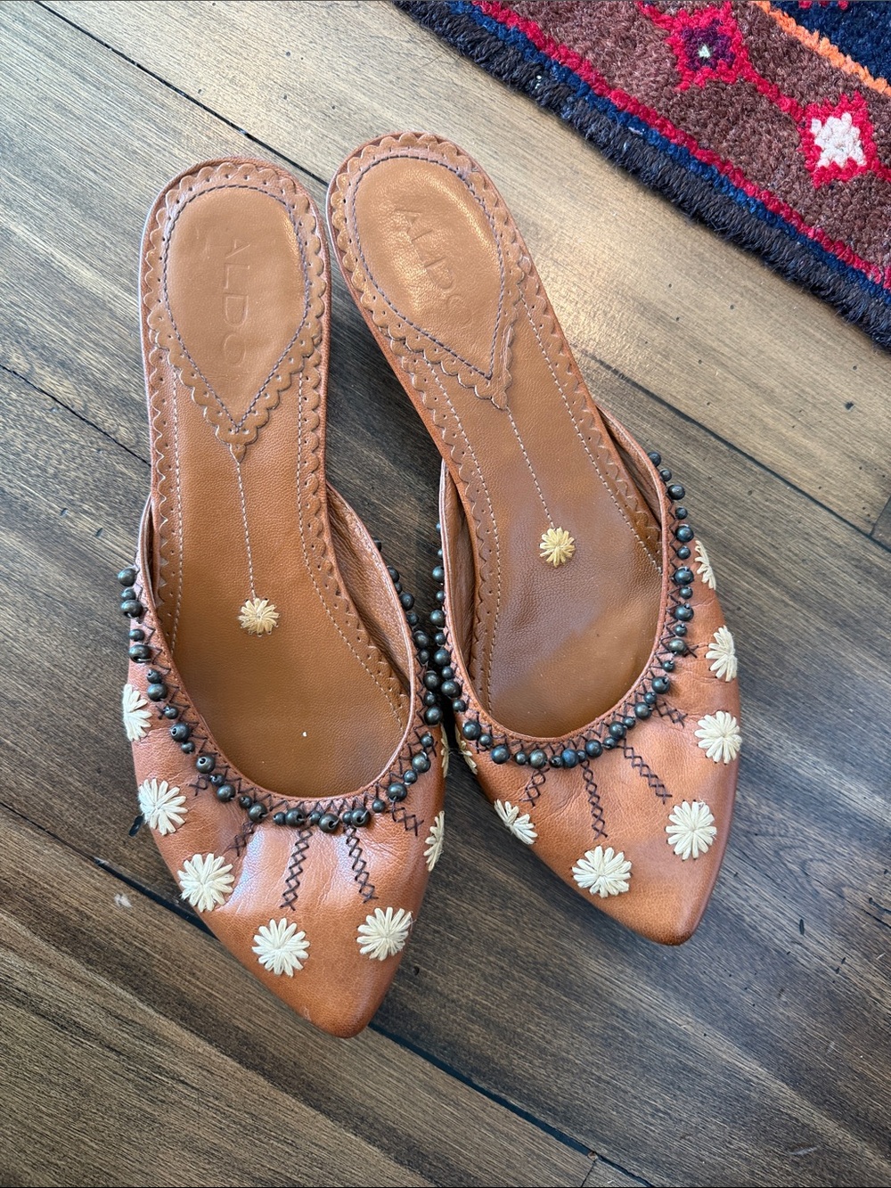 Aldo Tan Embroidered Pointed-Toe Slip-On kitten heel Mules